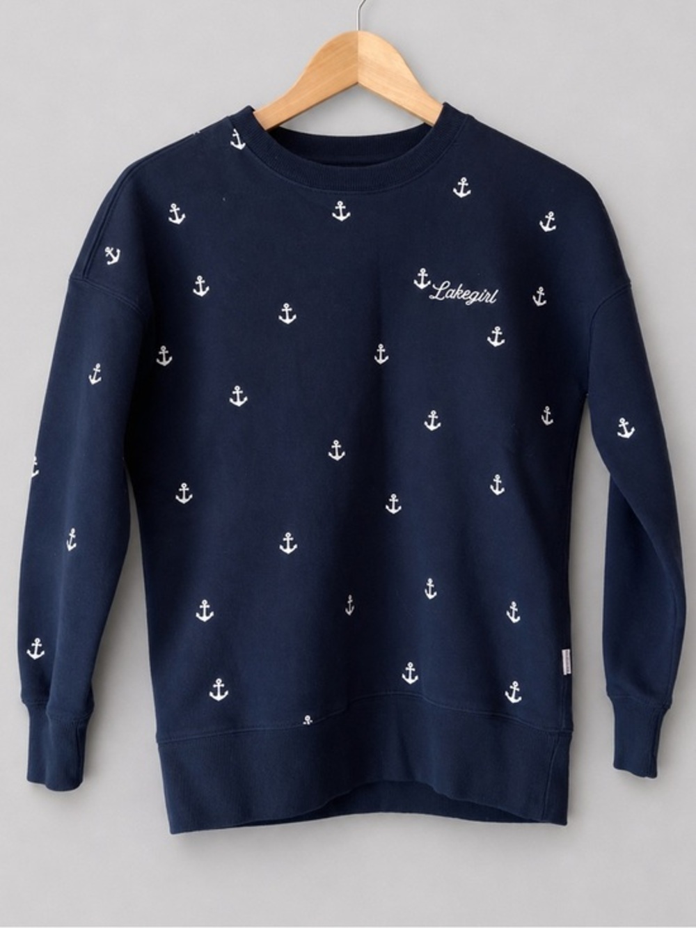 Lakegirl Navy Anchor Print Crewneck Sweatshirt Fleece Pullover Lake Life